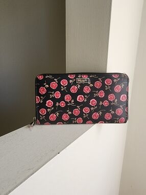 kate spade Black Zip-Around Wallet with Pink Rose Print